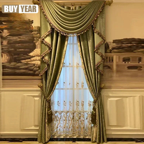 Luxury Green Velvet Embroidered Lace Curtains for Living Room & Bedroom