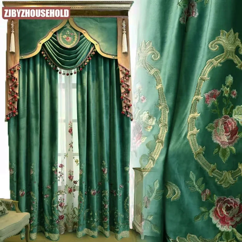 Luxury Green Floral Velvet Curtains