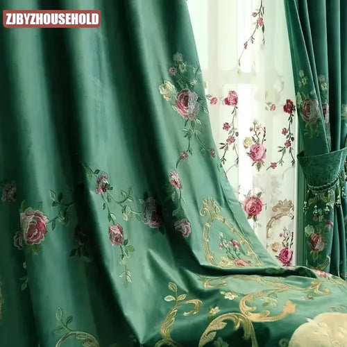 Luxury Green Floral Velvet Curtains