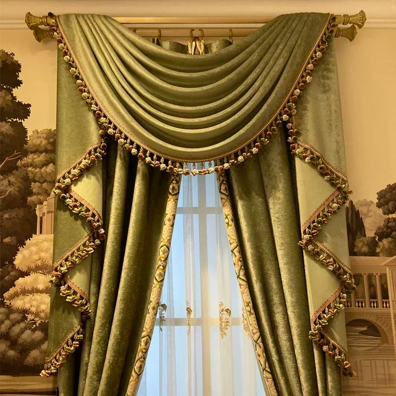 Luxury Green Velvet Embroidered Lace Curtains for Living Room & Bedroom