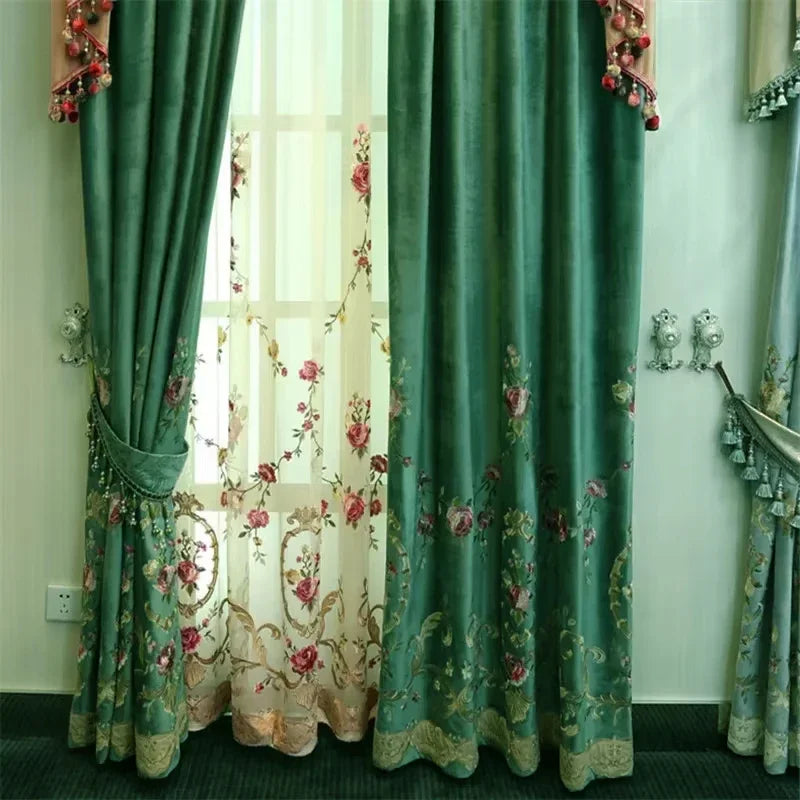 Luxury Green Floral Velvet Curtains